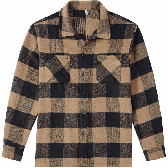 Men's Buffalo Brown Flannel Shirts Casual Button Down Plaid Shirt with Pockets - Picture 5 of 6